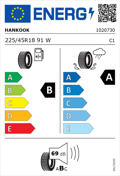 Tyre Label for Hankook Ventus S1 evo2 SUV K117 225/45R18 91W