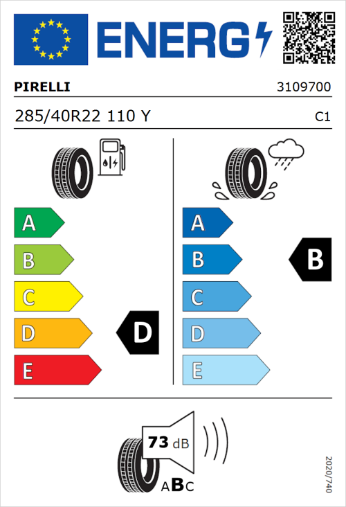 Tyre Label for Pirelli P Zero (PNCS) 285/40R22 110Y