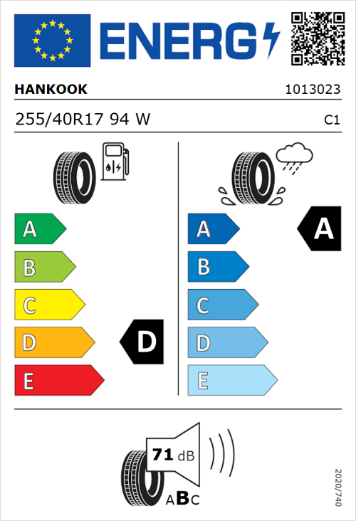 Tyre Label for Hankook Ventus S1 evo2 SUV K117 255/40R17 94W