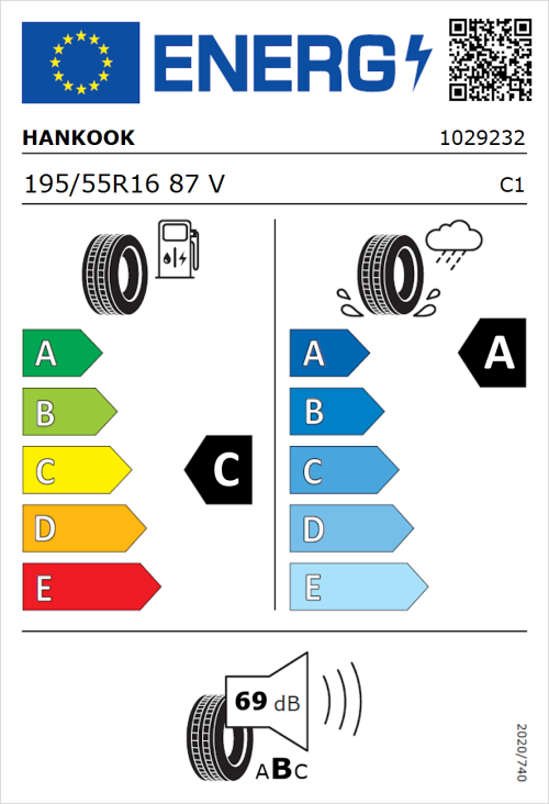 Tyre Label for Hankook Ventus Prime 4 (K135) 195/55R16 87V