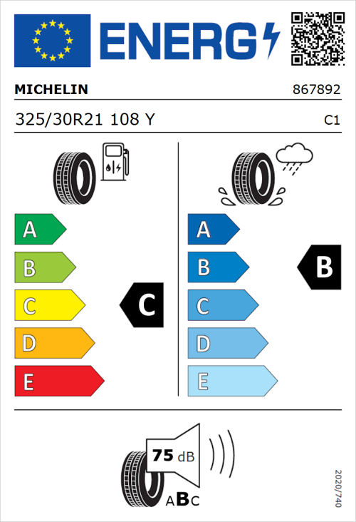 Tyre Label for Michelin Pilot Sport S5 325/30R21 108Y